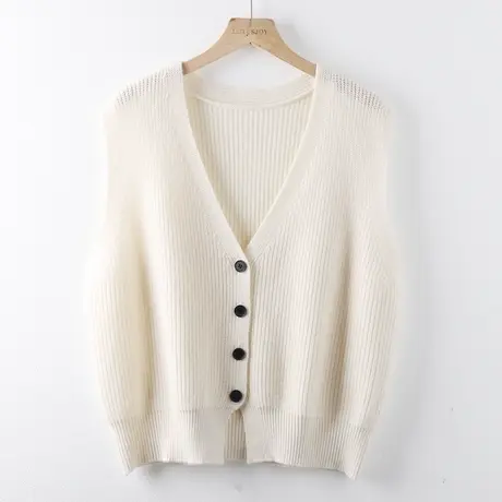 100全羊毛针织马甲背心女外搭春秋新款叠穿纯色宽松V领坎肩毛衣商品大图