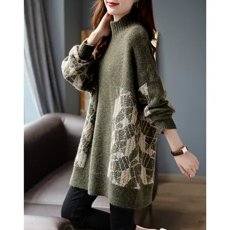 宝诗黎半高领宽松慵懒毛衣女秋中长款针织上衣2023新款软糯打底衫图片