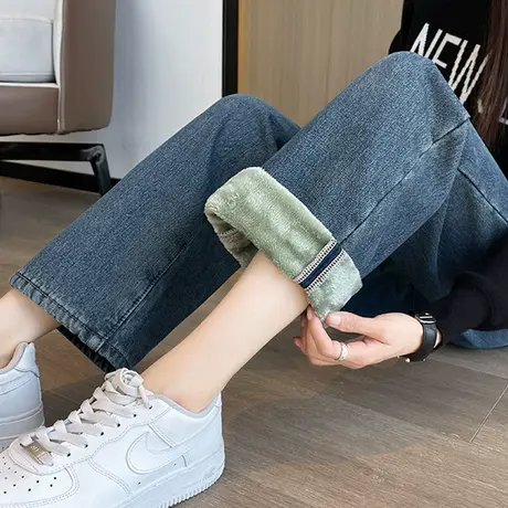 窄版蓝色阔腿牛仔裤女秋冬2023新款高腰垂感小个子加绒直筒拖地裤图片