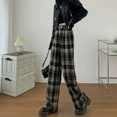 格子毛呢阔腿裤女冬季新款高腰休闲直筒加绒加厚垂感棋盘格西装裤商品大图