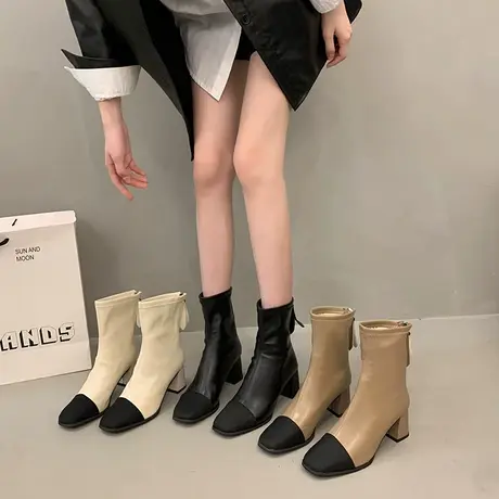 永希洋气小短靴女款气质高跟靴子2023年新款秋季高级感时尚女靴子商品大图