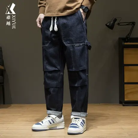 希越痞帅工装牛仔裤男宽松大码2023秋冬美式复古多口袋直筒长裤子商品大图