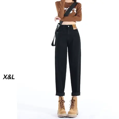 黑色高腰哈伦牛仔裤女秋冬2023新款加绒小个子宽松直筒萝卜老爹裤商品大图