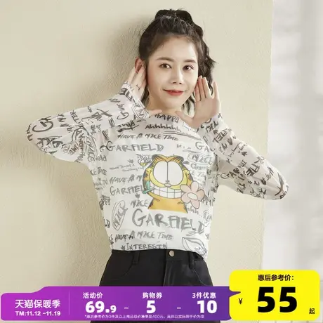 [加菲猫联名]唐狮春秋季新款女T恤薄纱设计感时尚小众涂鸦打底衫商品大图