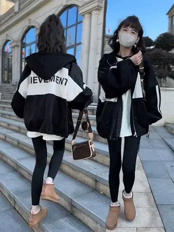 2023秋冬季新款夹棉外套女冲锋衣小个子加厚字母印花棉服上衣潮款商品大图