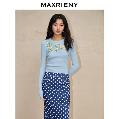 【商场同款】MAXRIENY精致复古感浅蓝色绣花套头毛衫23秋修身上衣商品大图