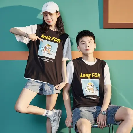 唐狮情侣装背心夏装新款男女白色无袖T恤打底韩版宽松潮上衣图片