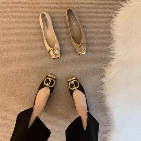 【真皮】小香风单鞋女2023秋季新款平底晚晚风浅口法式羊皮奶奶鞋商品大图