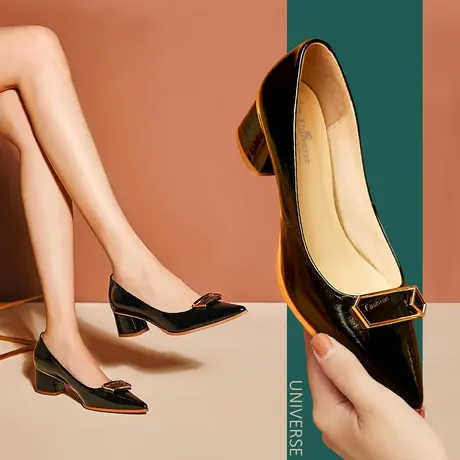 清仓春秋黑色尖头粗跟单鞋女职业浅口真皮简约皮鞋百搭女鞋子商品大图