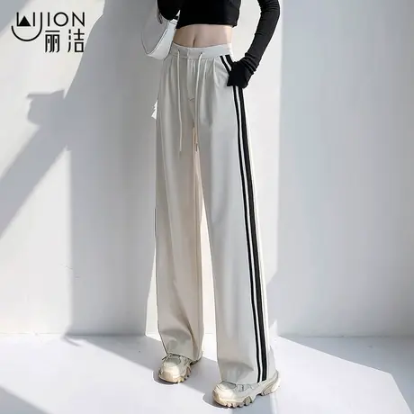 丽洁黑色阔腿裤女春夏季款高腰垂感直筒裤宽松褶皱新款拖地裤长裤商品大图