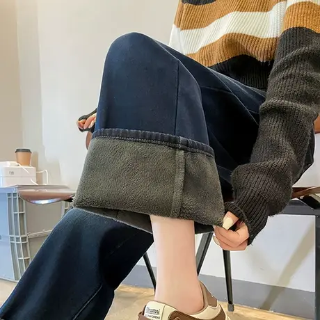复古加绒牛仔裤女冬季新款设计感高腰显瘦窄版直筒垂感阔腿拖地裤商品大图