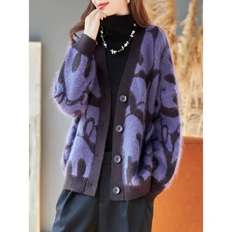 宝诗黎V领宽松慵懒针织开衫大码女装2024初春季新款洋气毛衣外套商品大图