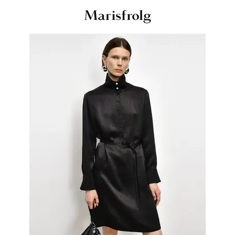 【商场同款】玛丝菲尔2023年秋季新款设计感缎面醋纤衬衫式小黑裙图片