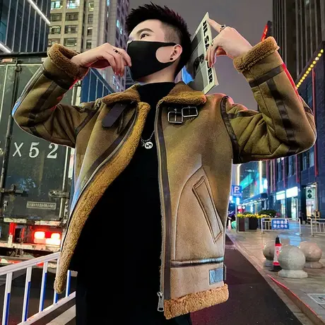 冬季轻熟羊羔毛拼接棉服男个性翻领机车服皮毛一体加厚皮棉衣外套图片