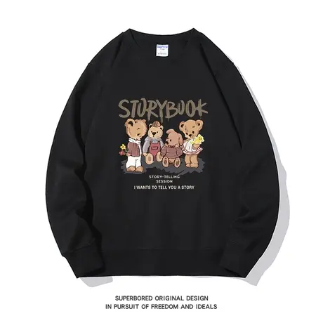 美式复古小熊印花卫衣男秋冬新款圆领套头上衣宽松休闲无帽上衣商品大图