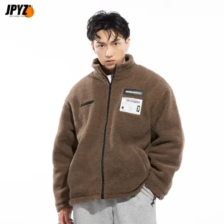 潮牌新款羊羔绒外套男秋冬立领羊羔毛日系休闲宽松工装外套夹克商品大图