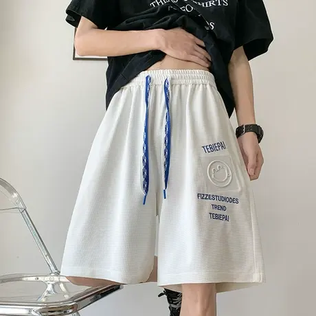 夏季休闲华夫格短裤男潮牌2024新款刺绣钢印美式宽松薄款五分裤子图片