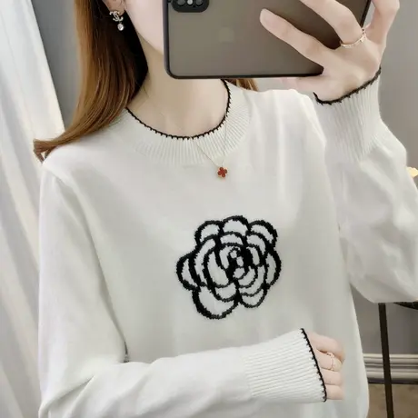 2024年春季新款时尚拼色圆领针织衫山茶花宽松长袖白色薄款上衣潮商品大图