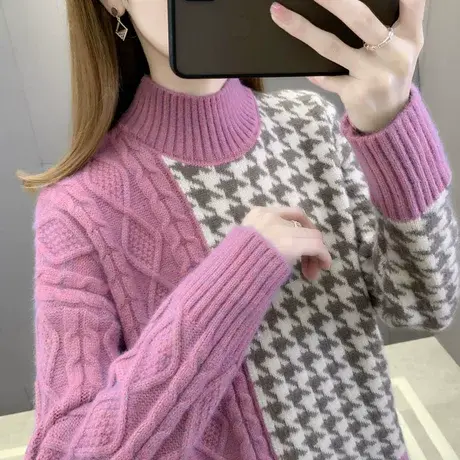2024年春季新款慵懒千鸟格毛衣宽松外穿加厚半高领套头针织打底衫商品大图