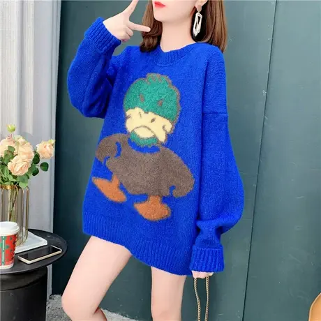 克莱因蓝卡通鸭子毛衣女慵懒风2021年冬季新款宽松百搭针织打底衫图片