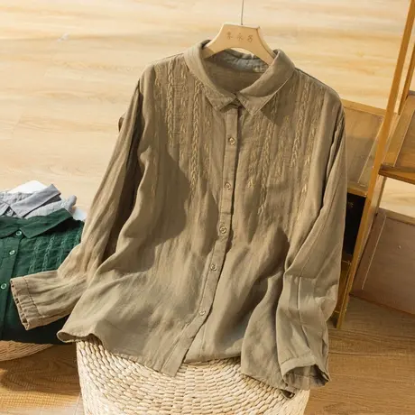 刺绣全棉衬衣女宽松2024春秋新款休闲上衣气质百搭显瘦漂亮衬衫女图片