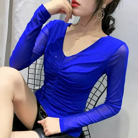 2024春秋新款时尚烫钻T恤女长袖个性褶皱网纱上衣洋气百搭打底衫商品大图