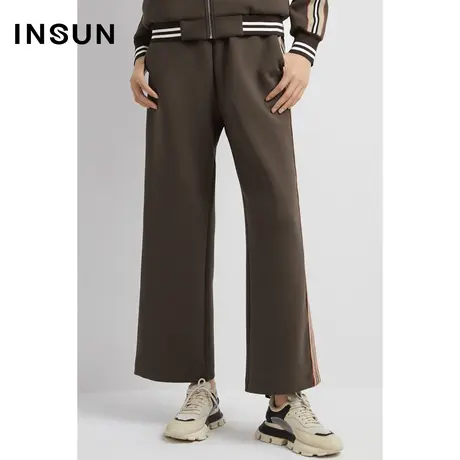 INSUN恩裳奥莱春季秋季撞色织带休闲咖色棉质阔腿裤图片