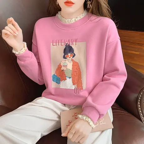 加绒保暖卫衣女秋冬韩版气质减龄假两件上衣长袖撞色宽松显瘦外套商品大图