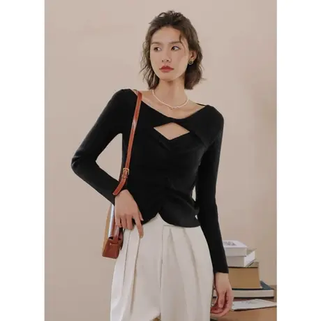 弥古黑色镂空针织衫法式掐腰上衣女设计感小众包芯纱毛衣打底内搭商品大图