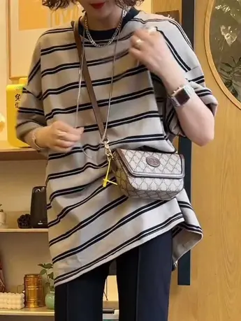 欧货条纹撞色圆领短袖T恤女中长款2023夏季新款宽松显瘦百搭上衣商品大图