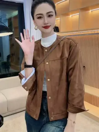 美式复古高级感圆领单排扣夹克上衣女春秋设计感气质休闲开衫外套商品大图