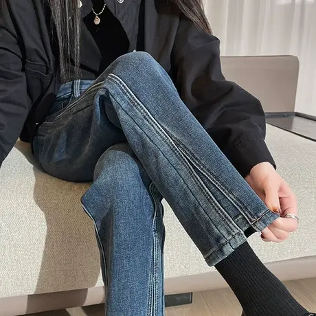 加绒直筒牛仔裤女秋冬2023新款小个子高腰宽松显瘦九分烟管裤春秋商品大图