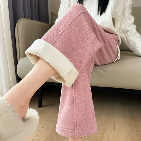 粉色羊绒窄版阔腿裤女秋冬季2024新款加绒休闲运动直筒香蕉裤卫裤图片