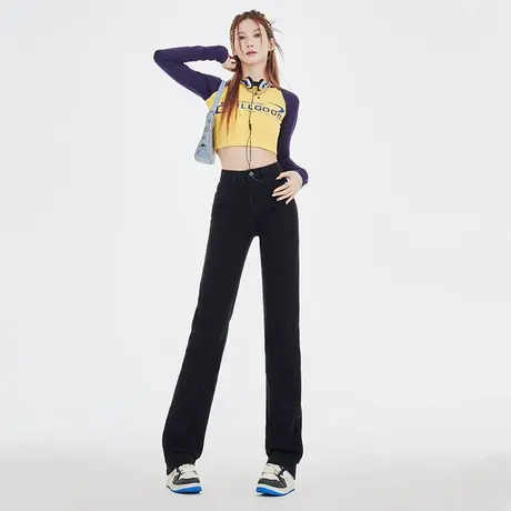 黑色窄版直筒牛仔裤女春秋新款2023年高腰显瘦紧身弹力垂感拖地裤商品大图
