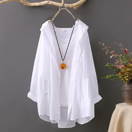 很仙的连帽防晒白衬衫女中长款设计感小众春秋薄款夏季防晒衣外套图片