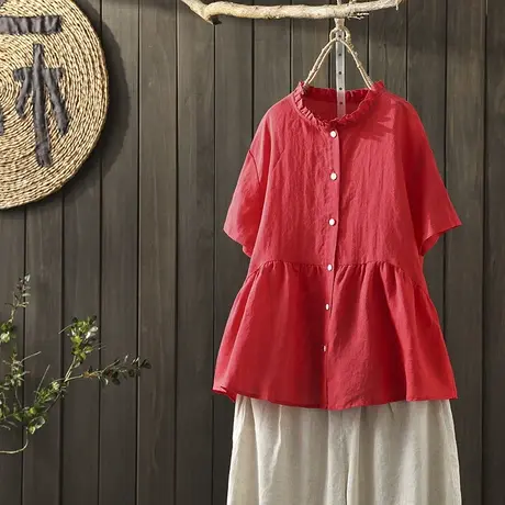 枫谜夏季新款 文艺简约 花边领宽松棉麻纯色短袖衬衫女大码衬衣图片