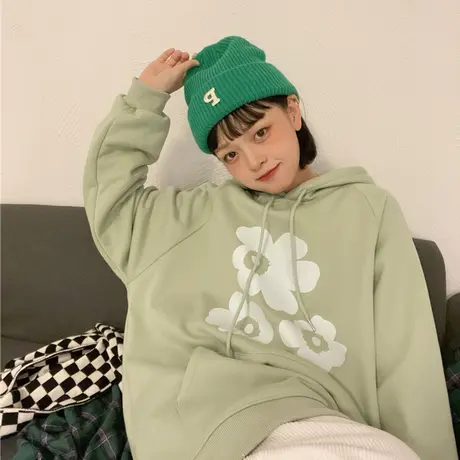 红续卡通花朵加绒加厚连帽卫衣女显白宽松小个子长袖外套秋冬新款图片