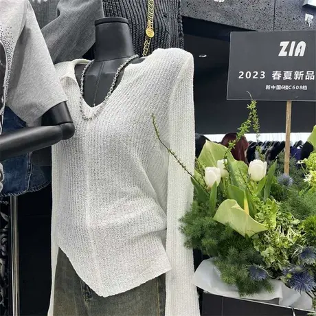 十三行慵懒风V领打底黄色针织衫女2023修身网状不规则镂空上衣潮商品大图