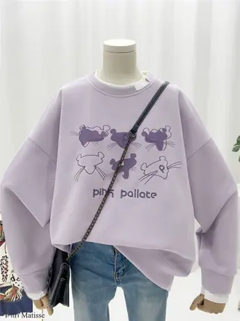 2023秋季新品韩版宽松卡通减龄假两件女士圆领卫衣小清新062洋气商品大图