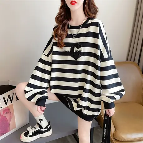 早春卫衣女2023新款春秋季韩版宽松大码薄款美式复古条纹上衣外套图片