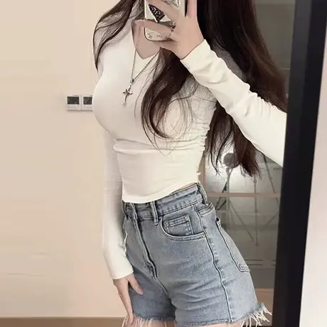 法式复古V领长袖T恤女纯棉早秋韩版内搭修身小衫辣妹性感纯欲上衣商品大图