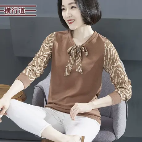 2025新款春装圆领拼接飘带雪纺中年妈妈长袖T恤女装宽松大码上衣商品大图