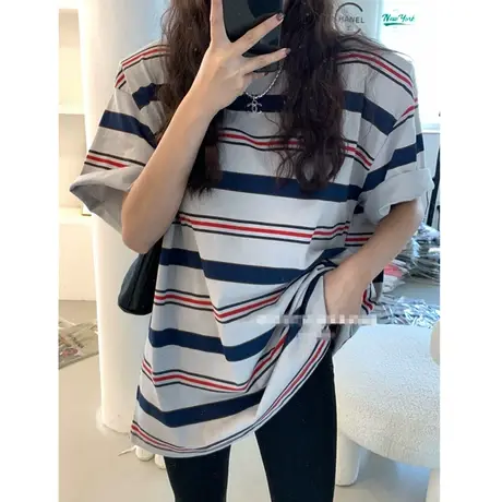 撞色条纹短袖t恤女ins潮夏装宽松bf慵懒风体恤休闲中长款半袖上衣商品大图