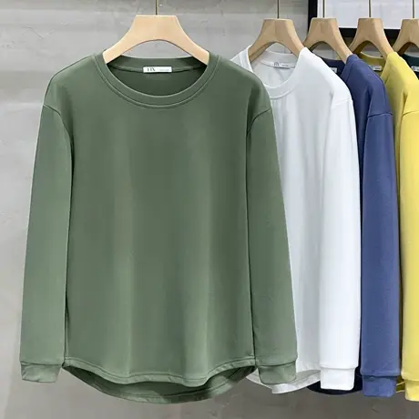 长袖t恤男士打底衫春秋薄款纯色宽松运动潮流内搭圆领秋季上衣服商品大图