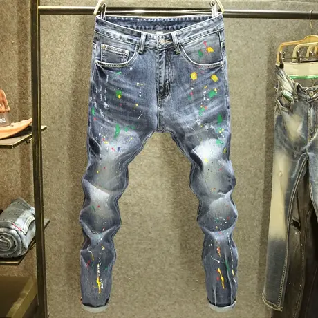 原创彩色泼墨牛仔裤男士潮牌修身小脚裤个性破洞设计感高街长裤子商品大图