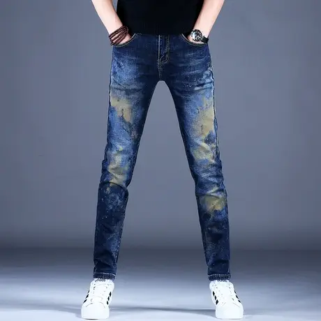 男士迷彩印花牛仔裤男款修身小脚高端弹力潮牌休闲裤子男2023新款商品大图