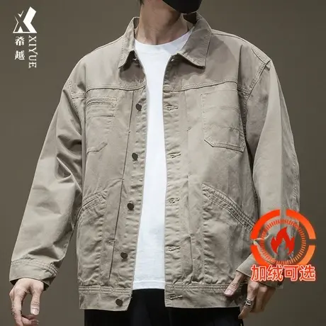 卡其色工装夹克男带领春秋上衣宽松大码男士休闲加绒加厚开衫外套商品大图