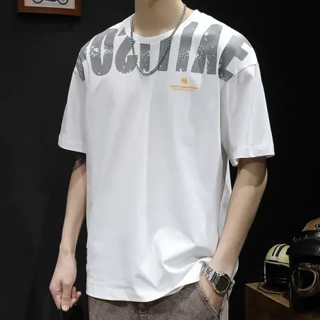 白色短袖t恤男士潮牌大码夏季2024新款衣服男款纯棉男装胖子体恤商品大图