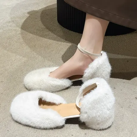 韩版黑色毛毛鞋女2023年秋冬季外穿玛丽珍单鞋加绒粗跟中空高跟鞋商品大图