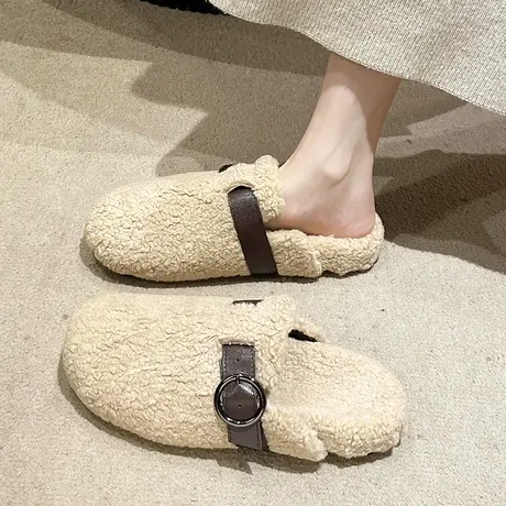 厚底包头毛毛勃肯拖鞋女外穿冬季韩版复古丑萌加绒百搭平底懒人鞋图片